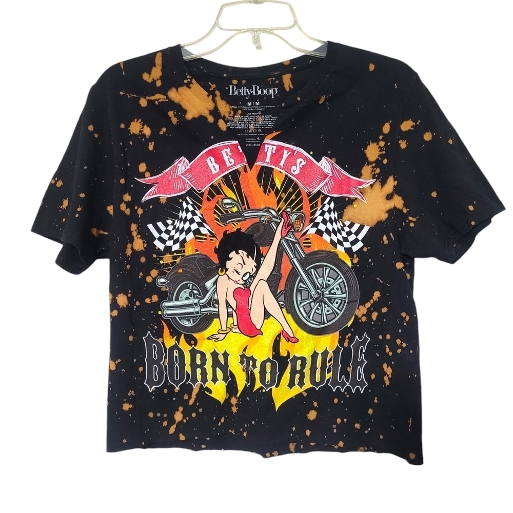 Betty Boop Biker Black Bleachedβ Tie Dye Crop Top Size Medium